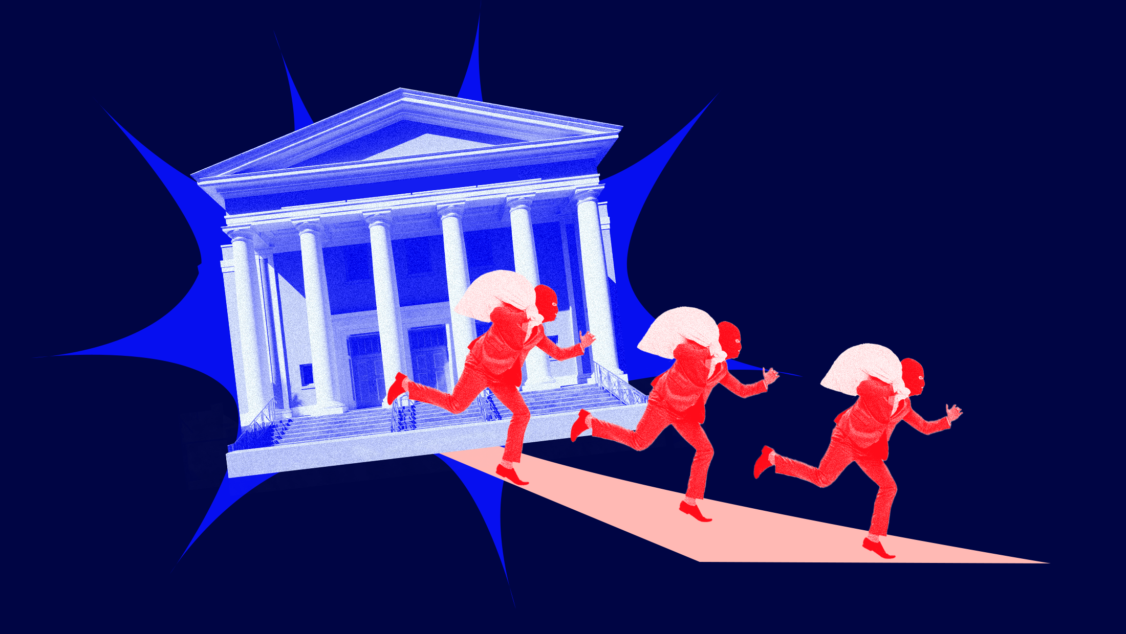 Dark blue background with image of the U.S. Supreme Court and three red-toned people in masks holding white bags over their shoulders and running away.