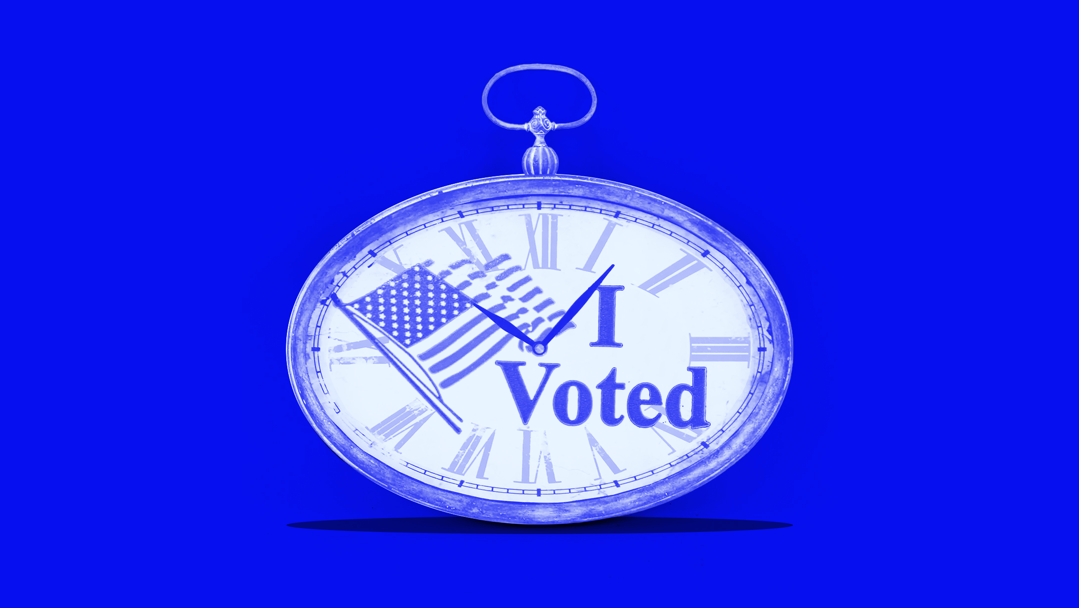 Clock with an "I Voted" sticker and American flag on a blue background.