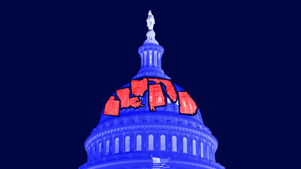 The dome of the U.S. Capitol, colored blue, with the red shapes of Alabama, Florida, Georgia, Louisiana, Ohio and Utah clustered together at the top.