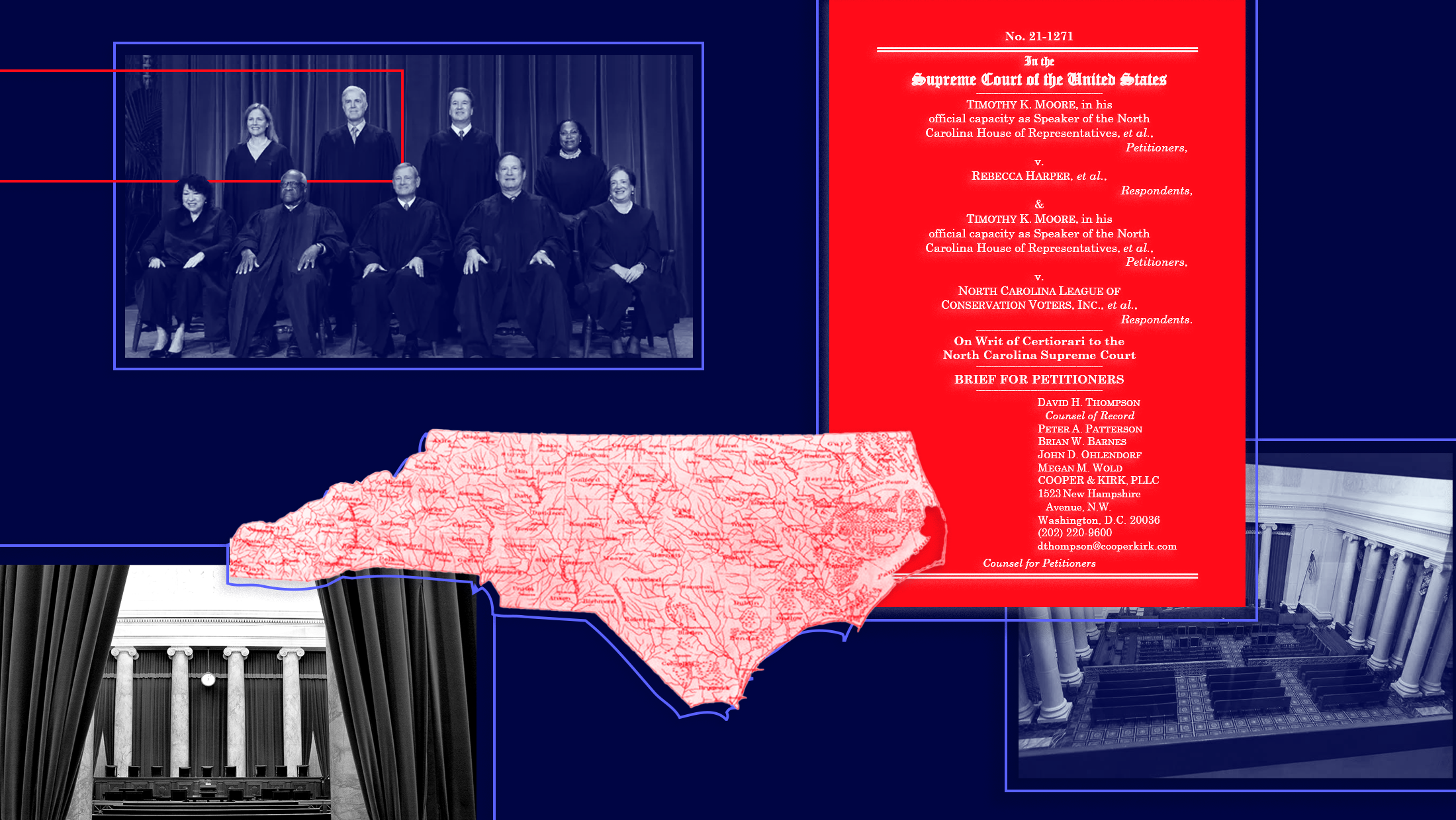 Dark blue background with red map of North Carolina, an image in the top-left corner of all nine U.S. Supreme Court justices with Amy Coney Barrett and Neil Gorsuch outlines in red, the Petitioner's Reply in red and black-and-white images of the inside of the U.S. Supreme Court.