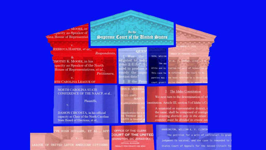 A mutlicolor collage of court documents from cases mentioned in the article in the shape of the U.S. Supreme Court building.
