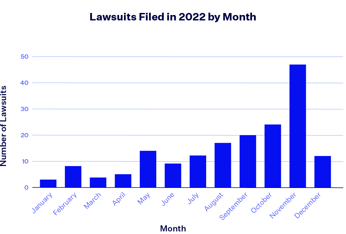Bar Graph titled "Lawsuits Filed in 2022 by Month." The months of the year are on the x axis axis; the bars show a steady increase in June through October until a big surge in November.