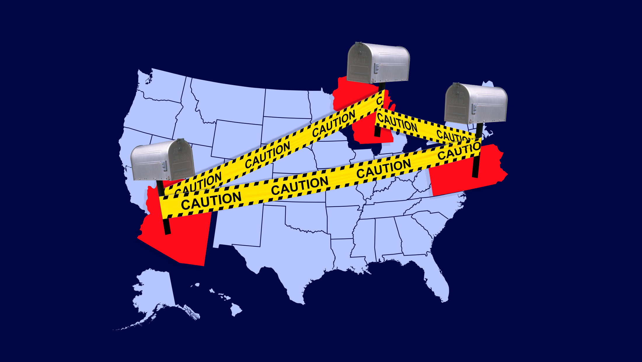 A light purple map of the United States with Arizona, Pennsylvania and Wisconsin highlighted red and larger than the rest. Mailboxes wrapped in caution tape connect between the three states.