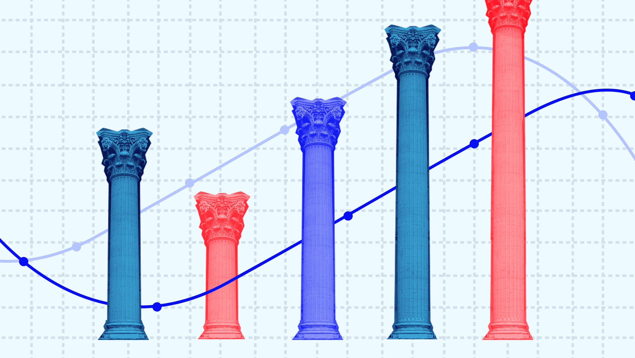 Red and blue toned building columns of differing heights mounted on a piece of graph paper with two blue trend lines.