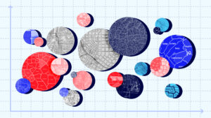 Circles of varying sizes containing a range of maps in different shades of red and blue, mounted on light blue graph paper with an x-y axis