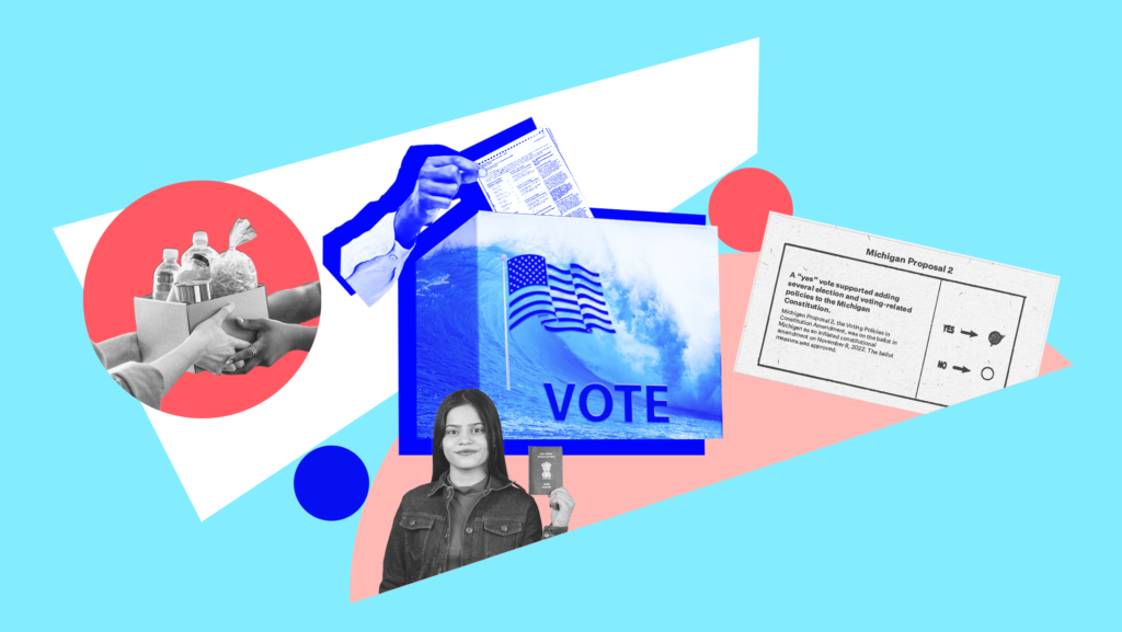 Light blue background with image of blue wave, an American flag and the word "VOTE" laid over a ballot box and someone inserting their ballot into the box, a black and white image of two people handing each other a box filled with water bottles and a bag of snacks, a black and white image of someone holding their passport and a black and white image of Michigan's Proposal 2.