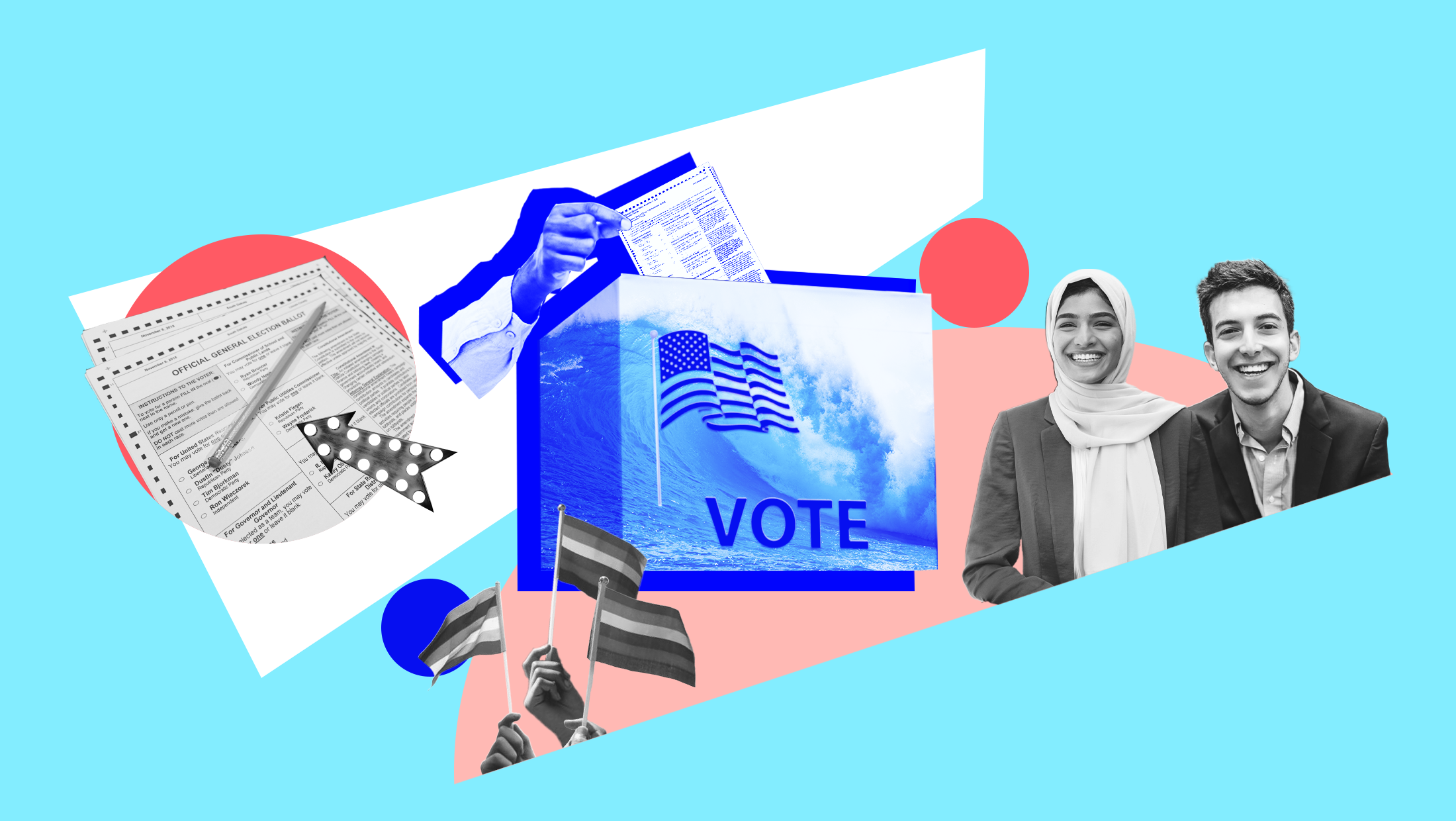 Light blue background with image of blue wave, an American flag and the word "VOTE" laid over a ballot box and someone inserting their ballot into the box, a black and white image of a ballot that reads "OFFICIAL GENERAL ELECTION BALLOT" and an arrow pointing to it, a black and white image of three pride flags and a black and white image of two young people smiling.