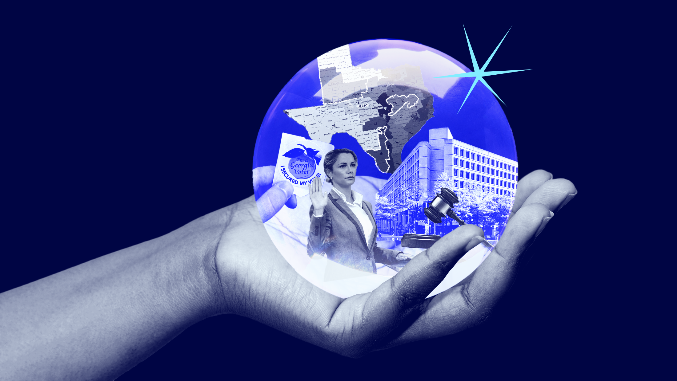 A dark blue background with a hand holding a crystal ball revealing a Georgia "I Voted" sticker, a map showing districts in Texas, the U.S. Department of Justice building, a gavel and a picture of a woman testifying in court