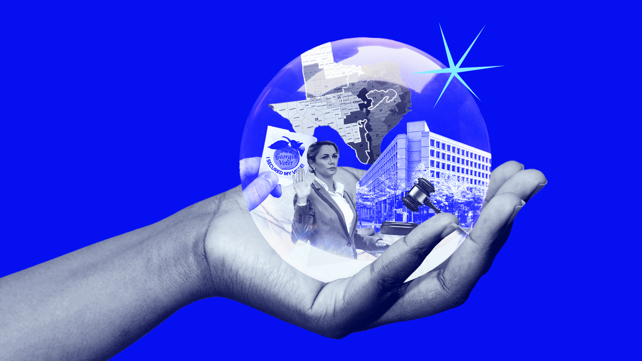 A bright blue background with a hand holding a crystal ball revealing a Georgia "I Voted" sticker, a map showing districts in Texas, the U.S. Department of Justice building, a gavel and a picture of a woman testifying in court