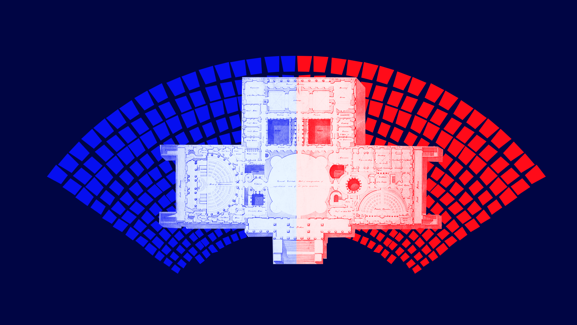 Blue background with overview image of Congress and blue seats to the left and red seats to the right.