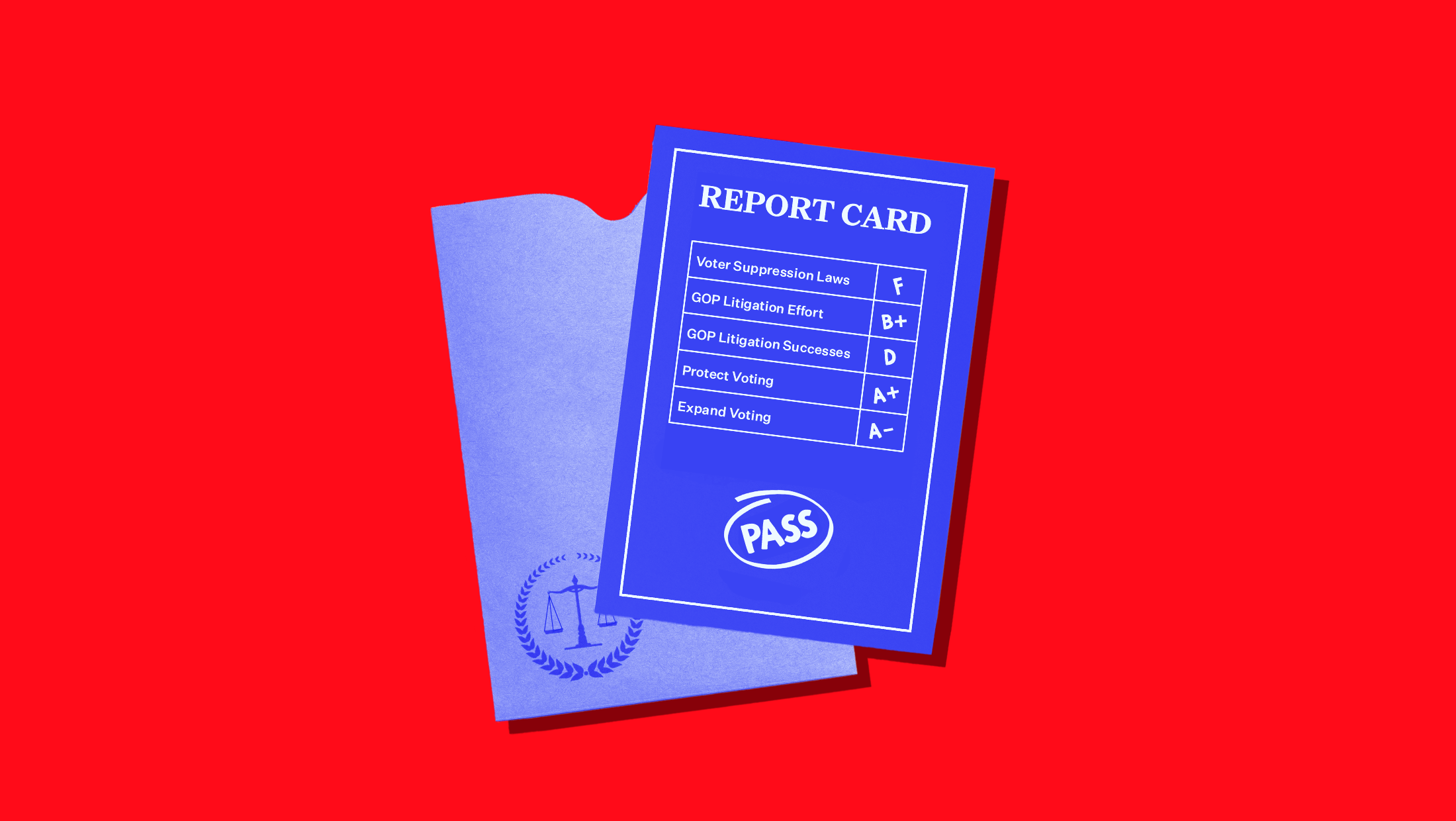 Red background with blue image of report card that reads "REPORT CARD: Voter suppression laws: F, GOP Litigation Effort: B+, GOP Litigation Successes: D, Protect Voting: A+, Expand Voting: A-" and "PASS" in a circle at the bottom and an scale imprinted on the envelope behind the report card.