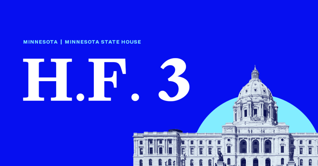 Large text that says H.F. 3 with small text right above it that says Minnesota | Minnesota State House with the Minnesota state House in the lower right corner on a blue background.