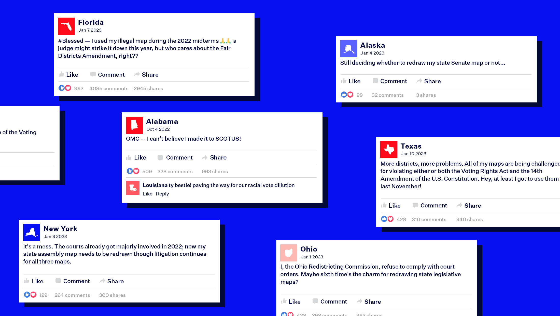 A dark blue background with Facebook status updates from Alabama, Alaska, Florida, New York, Ohio and Texas describing the status of redistricting in each state.