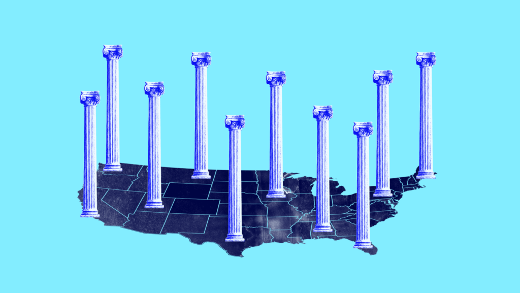 Blue background with dark blue toned map of the United States with light blue toned court pillars standing on the map throughout the country.