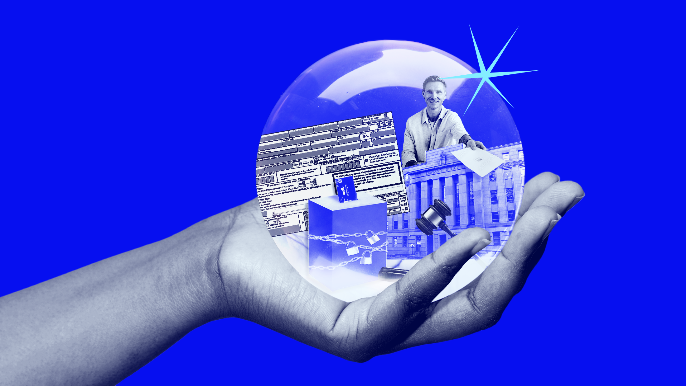 A bright blue background with a hand holding a crystal ball revealing a locked up drop box, a voter registration form, an election official, the North Carolina Supreme Court building and a gavel