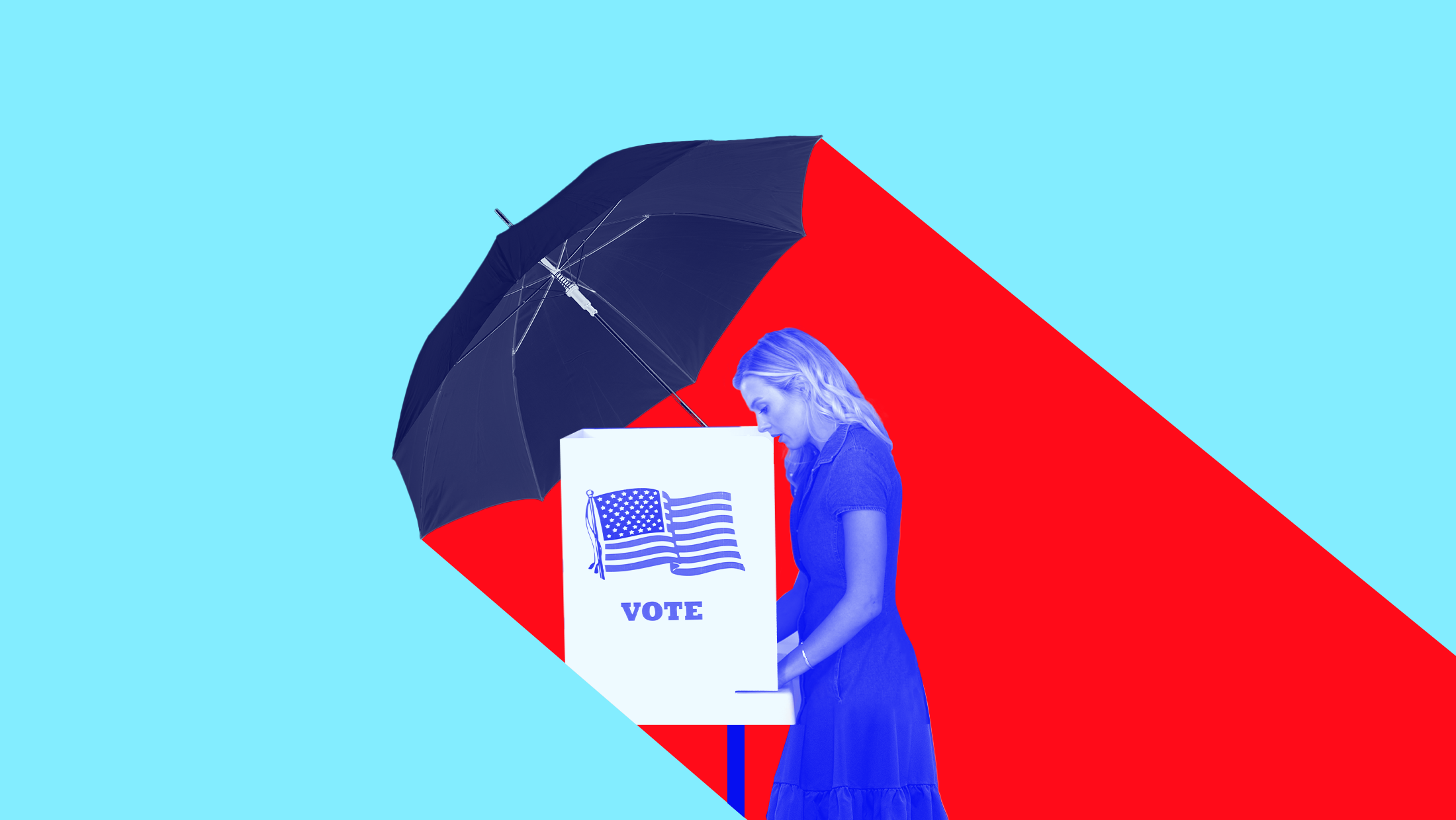 Blue background with blue-toned person standing at a voting booth with an umbrella over their head in front of a red slanted block.
