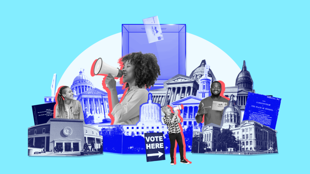 Blue-tinted collage containing people with a megaphone and ballot, the state houses of Mississippi, Oregon, Tennessee, Georgia, New Mexico, Missouri, & West Virginia state houses, New Mexico omnibus bill text and Georgia state constitution