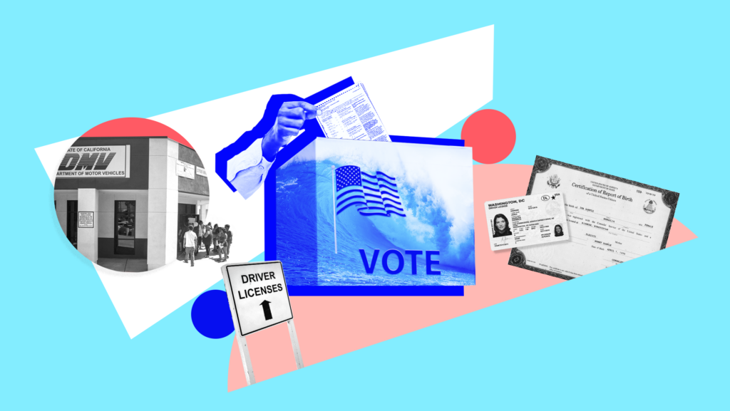 Light blue background with image of blue wave, an American flag and the word "VOTE" laid over a ballot box and someone inserting their ballot into the box, a black and white image of a department of motor vehicles (DMV), a sign that reads "Drivers Licenses" with a black arrow, a Washington, D.C. drivers license and birth certificate