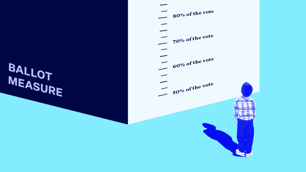 A little boy staring at a large block that says Ballot Measures on one side. The boy is looking at a ruler marked with increasing percentages of the vote, like the height measures to ride a rollarcoaster.