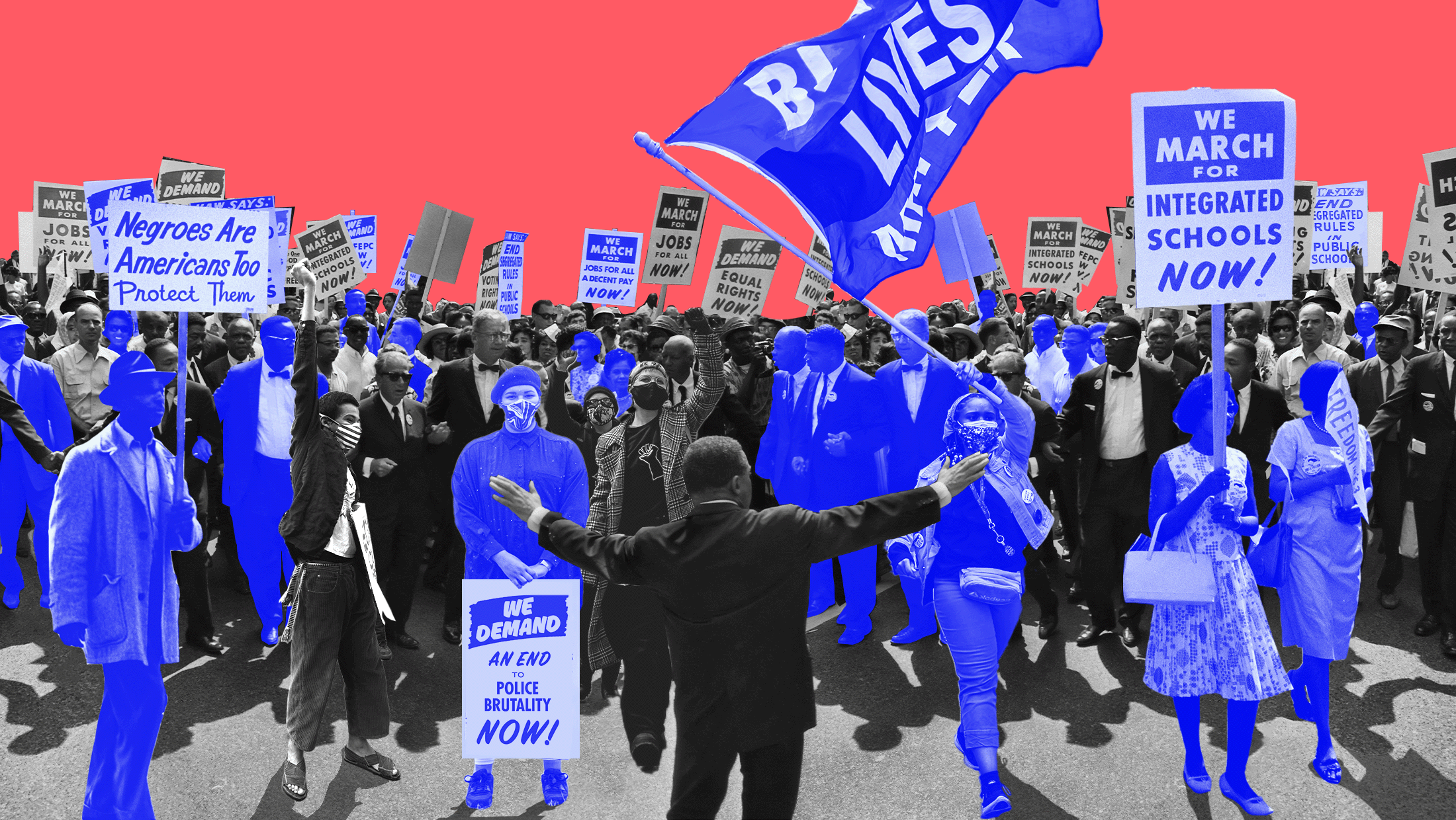 A crowd of blue and grey tinted civil rights activists, some from the civil rights movement and others from modern day protests on a red background.