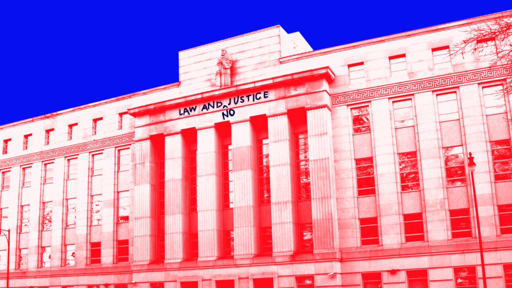 The North Carolina Supreme Court building tinted red with handwritten text over the "Law and Justice" engraved in the stone. A caret adds "NO" in front of the word "Justice."
