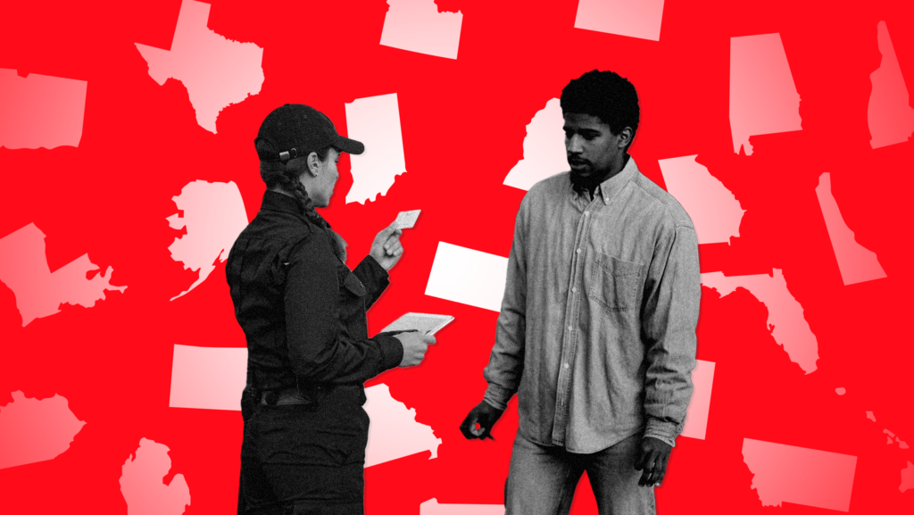 A person checking the ID of a voter on a red background with the outlines of various sates including Texas, Alaska, Florida and Georgia.