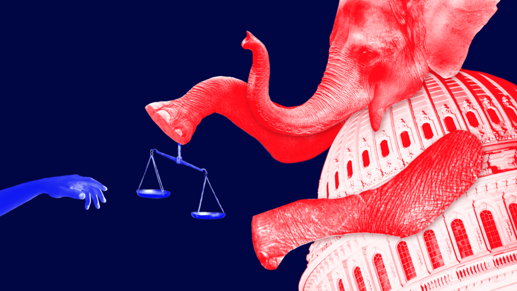 A red tinted elephant lurching the dome of the U.S. Capitol and holding onto a blue toned scale. A blue-toned hand reaches out towards the scale.