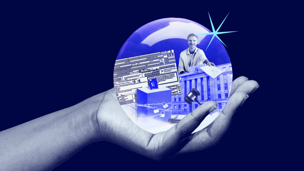 A dark blue background with a hand holding a crystal ball revealing a locked up drop box, a voter registration form, an election official, the North Carolina Supreme Court building and a gavel