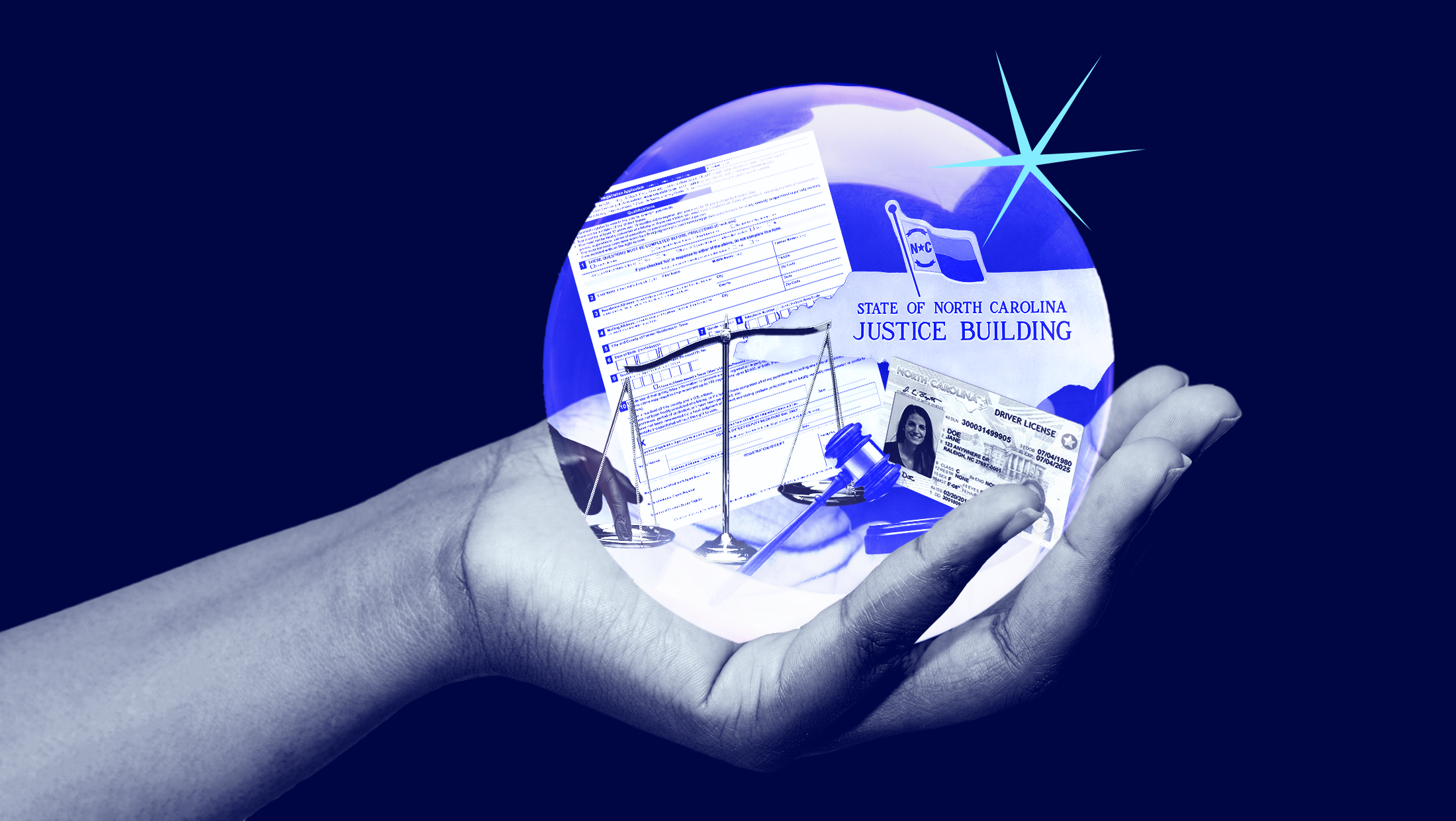 A bright blue background with a hand holding a crystal ball revealing unbalanced scales, a Texas voter registration form, the North Carolina flag, an outline of the state of North Carolina with "State of North Carolina Justice Building" overtop, a North Carolina driver's license and a gavel