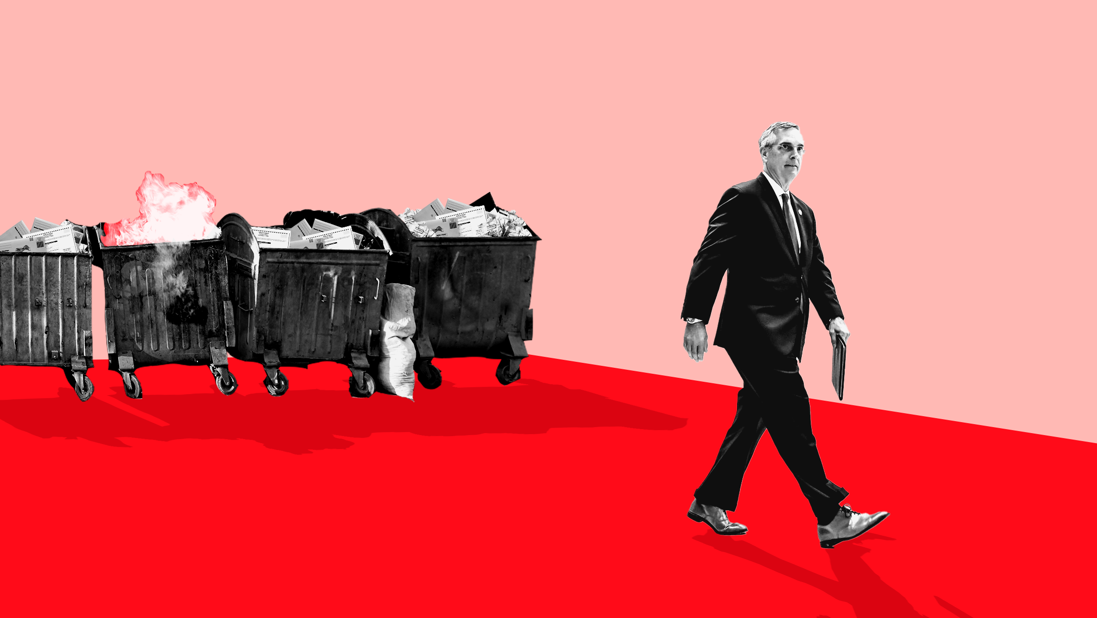 Red background with black and white toned trash cans behind an image of Georgia Secretary of State Brad Raffensperger (R) walking in front of the trash.