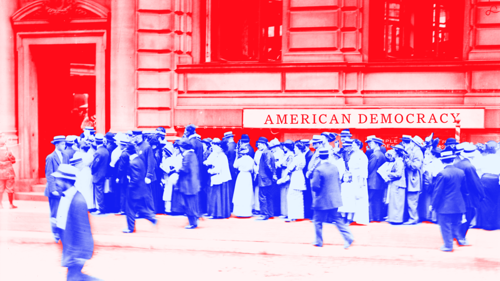 Red toned bank with "American Democracy" written on the building and people toned in blue waiting in a long line outside the bank.