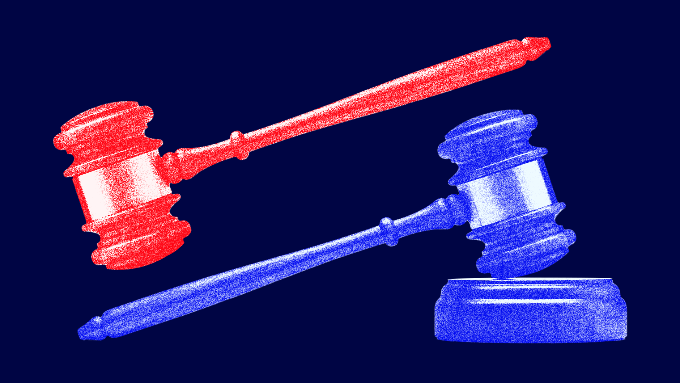 A red-toned gavel on top of a blue-toned gavel. The gavels are pointing in opposite directions.
