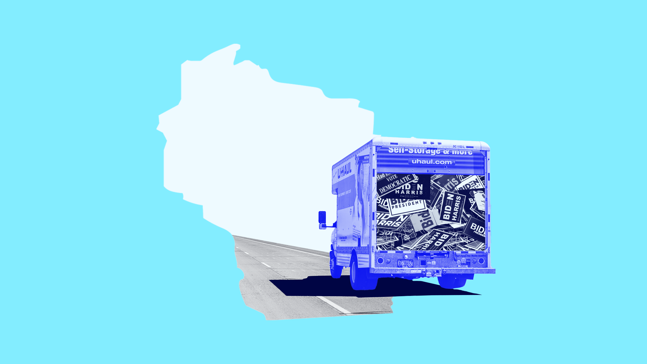 Light blue background with white shape of the state of Wisconsin and a blue-toned U-Haul truck filled with 2020 Biden Harris signs.