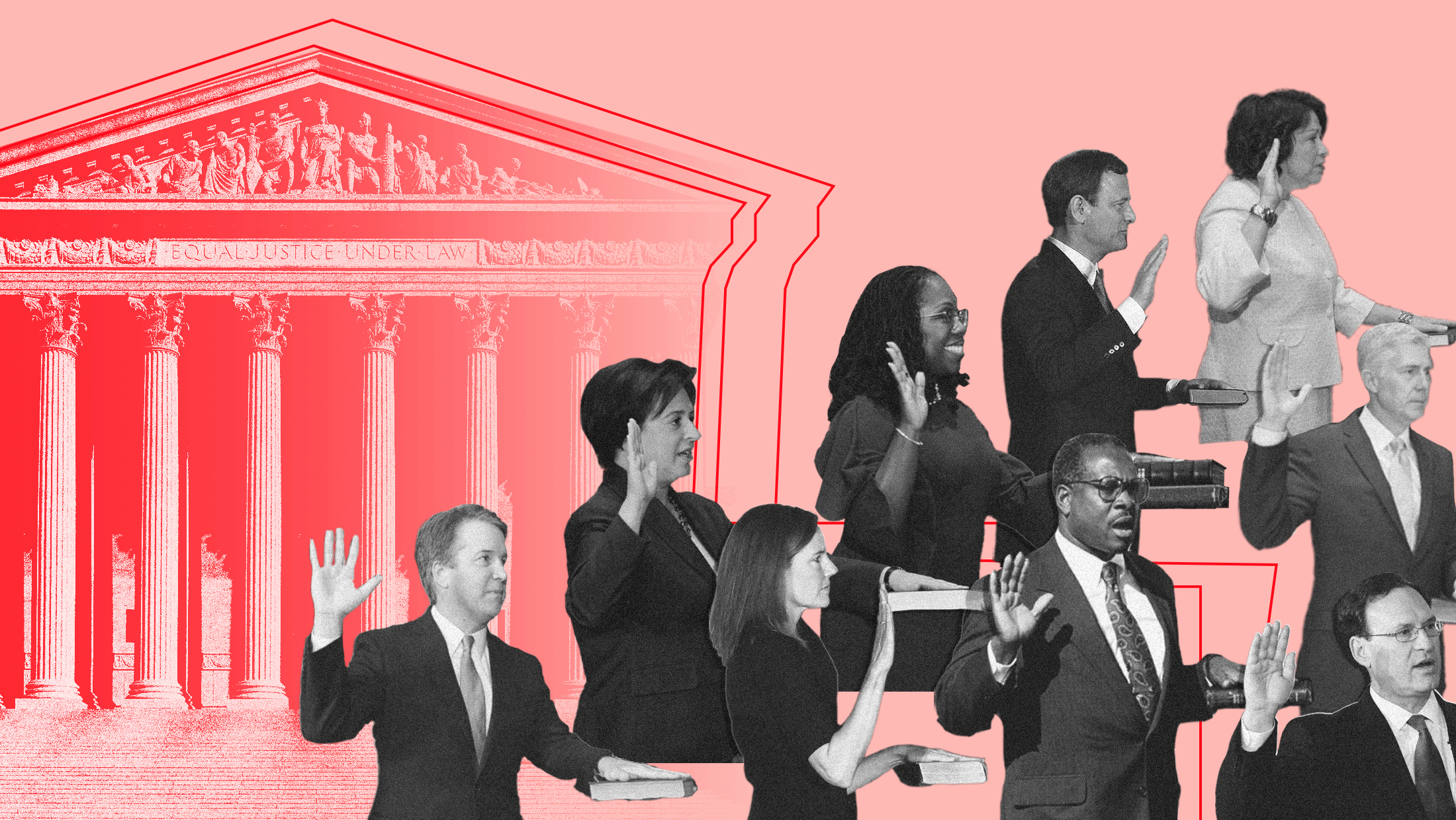 Pink background with red toned U.S. Supreme Court and all nine justices toned in black and white and holding their hands up from left to right: Brett Kavanaugh, Elena Kagan, Amy Coney Barrett, Ketanji Brown Jackson, Clarence Thomas, John Roberts, Sonia Sotomayor, Neil Gorsuch and Samuel Alito.