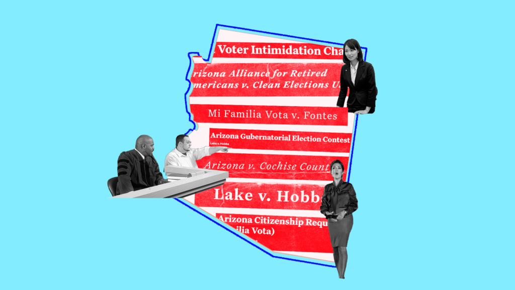 A dark blue outline of Arizona on a light blue background with red cutout titles of cases filling the outline. Four figures, a judge, witness and two lawyers, are arranged around the outline.
