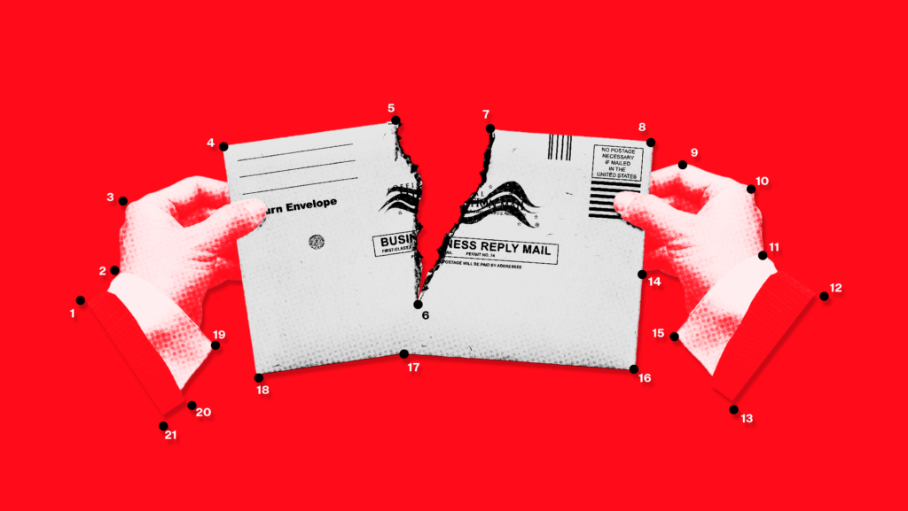 Red background with hands ripping apart a mail-in ballot envelope and black numbered dots outlining the image.