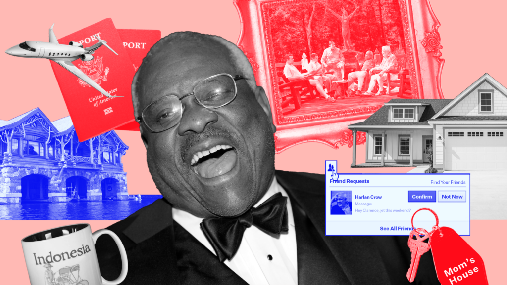 Red background with black and white toned image of Supreme Court Justice Clarence Thomas and images that relate to gifts he was given by Harlan Crow (as revealed by ProPublica) laid out around him including: a mug that says Indonesia, an airplane and passports, a painting of Thomas, Crow and others at Crow's house, a house, keys that say "Mom's House" on it and an image of a friend request between Crow and Thomas.
