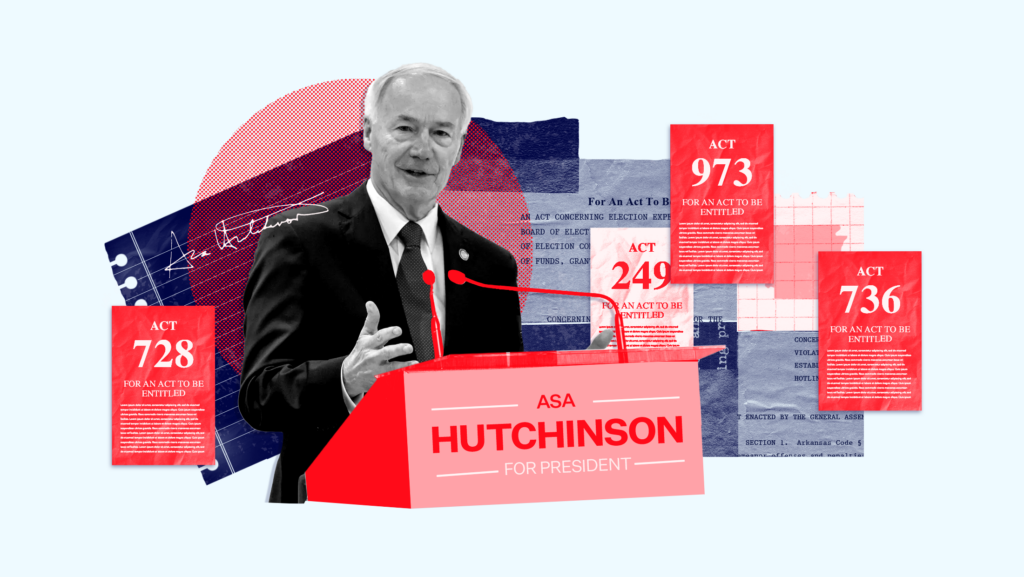 Asa Hutchinson standing before a podium that says "Asa Hutchinson for President" surrounded by cut out images of his signature, bill text and several acts: Act 728, Act 249, Act 973, Act 738