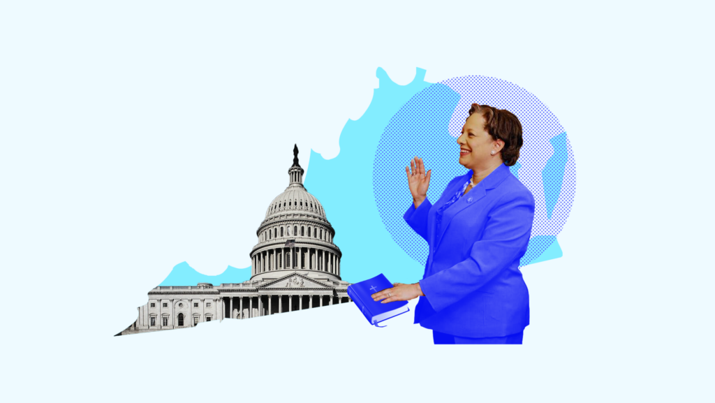 Blue toned image of Rep. Jennifer McClellan (D-Va.) being sworn into Congress in front of a cutout of the U.S. Capitol building and a blue toned Virginia.