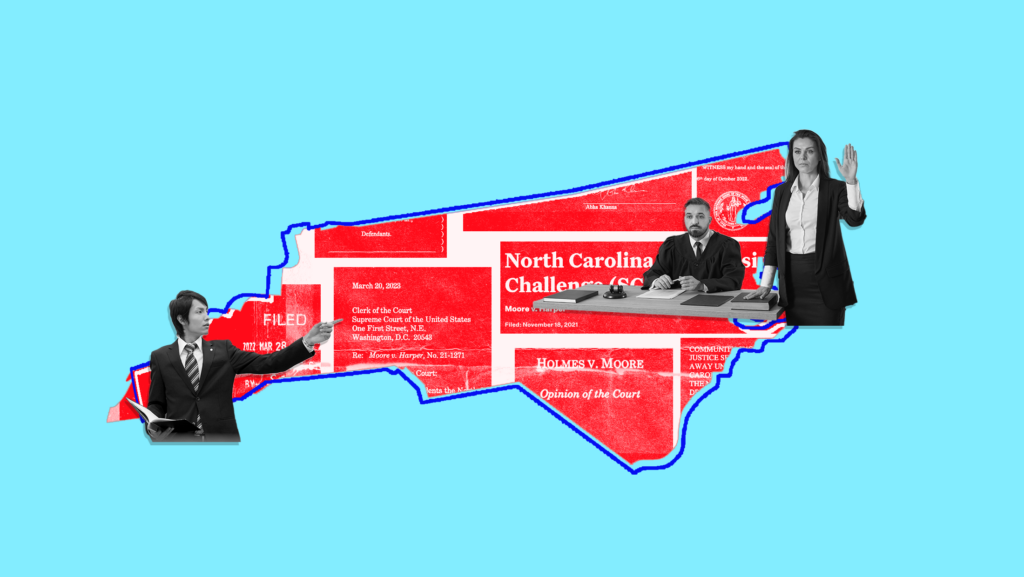 A dark blue outline of North Carolina on a light blue background with red cutout titles of cases filling the outline. Three figures, a judge and two lawyers, are arranged around the outline.