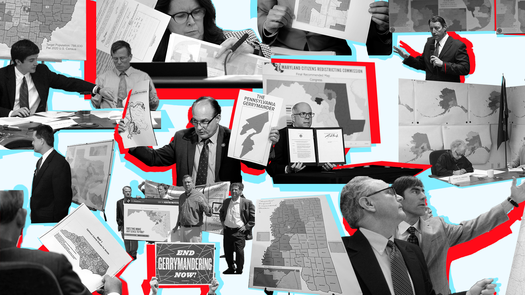 Black and white cutout images of lawmakers, redistricting experts and fair map advocates examining redistricting maps. Blue and red shadows surround each cutout.