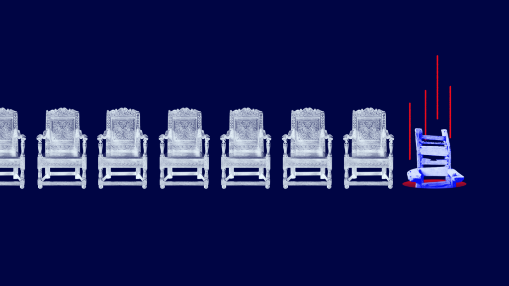 Seven regal looking chairs on a dark blue background. An eighth chair is wooden, decrepit and falling into a hole.