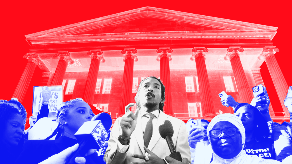 A black and white toned Tennessee Rep. Justin Jones speaking in front of the red-toned Tennessee statehouse surrounded by blue-toned supporters and reporters.