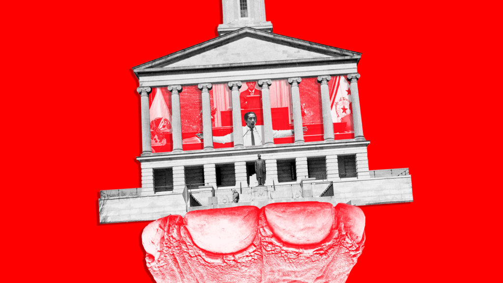 Red background with Tennessee Legislature tilted and being held up by an elephant's foot and an image laid inside the Legislature of Tennessee Rep. Justin Jones (D) speaking at the podium with Speaker of the House of Representatives Cameron Sexton standing behind him with his arms folded.