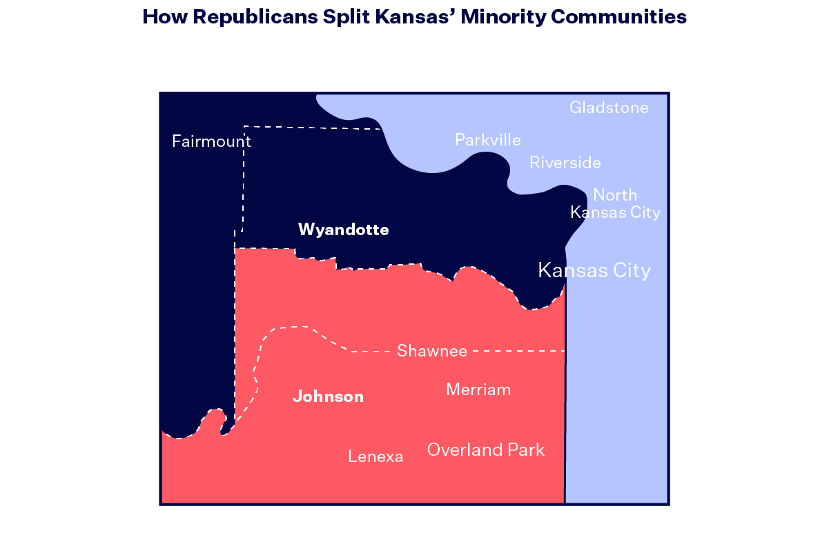 A map showing Wyandotte County, Kansas divided between two congressional districts.
