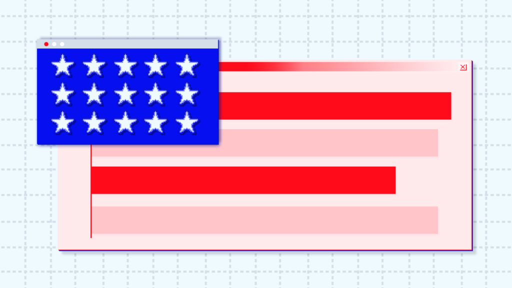 An American flag made up of a browser window of stars and a bar chart for the stripes on a background of light blue graph paper.