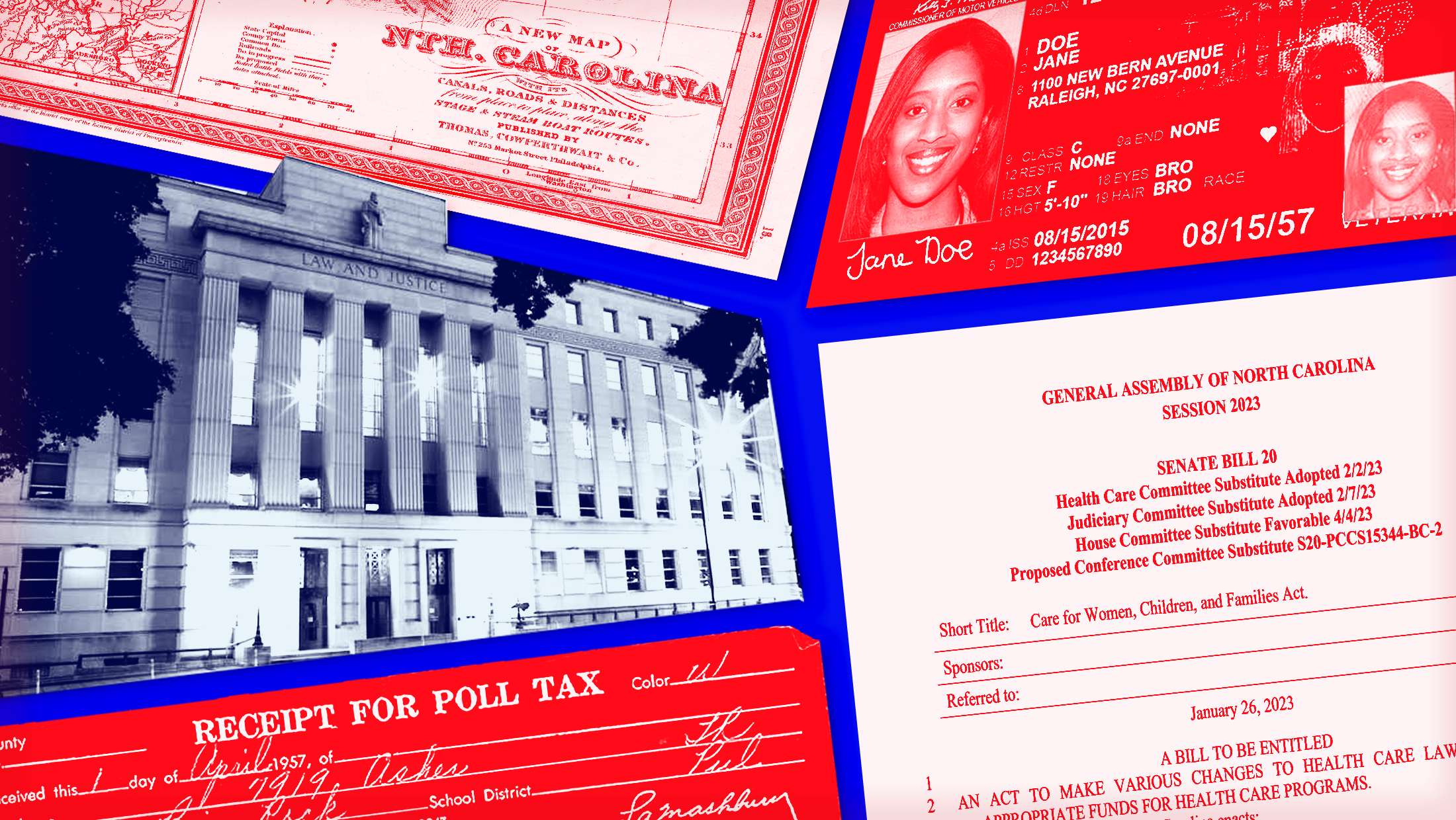 Blue background with red-toned images of a North Carolina driver's license, a receipt for a poll tax, NC Senate Bill 20 and a North Carolina map and dark blue toned image of the NC Supreme Court.