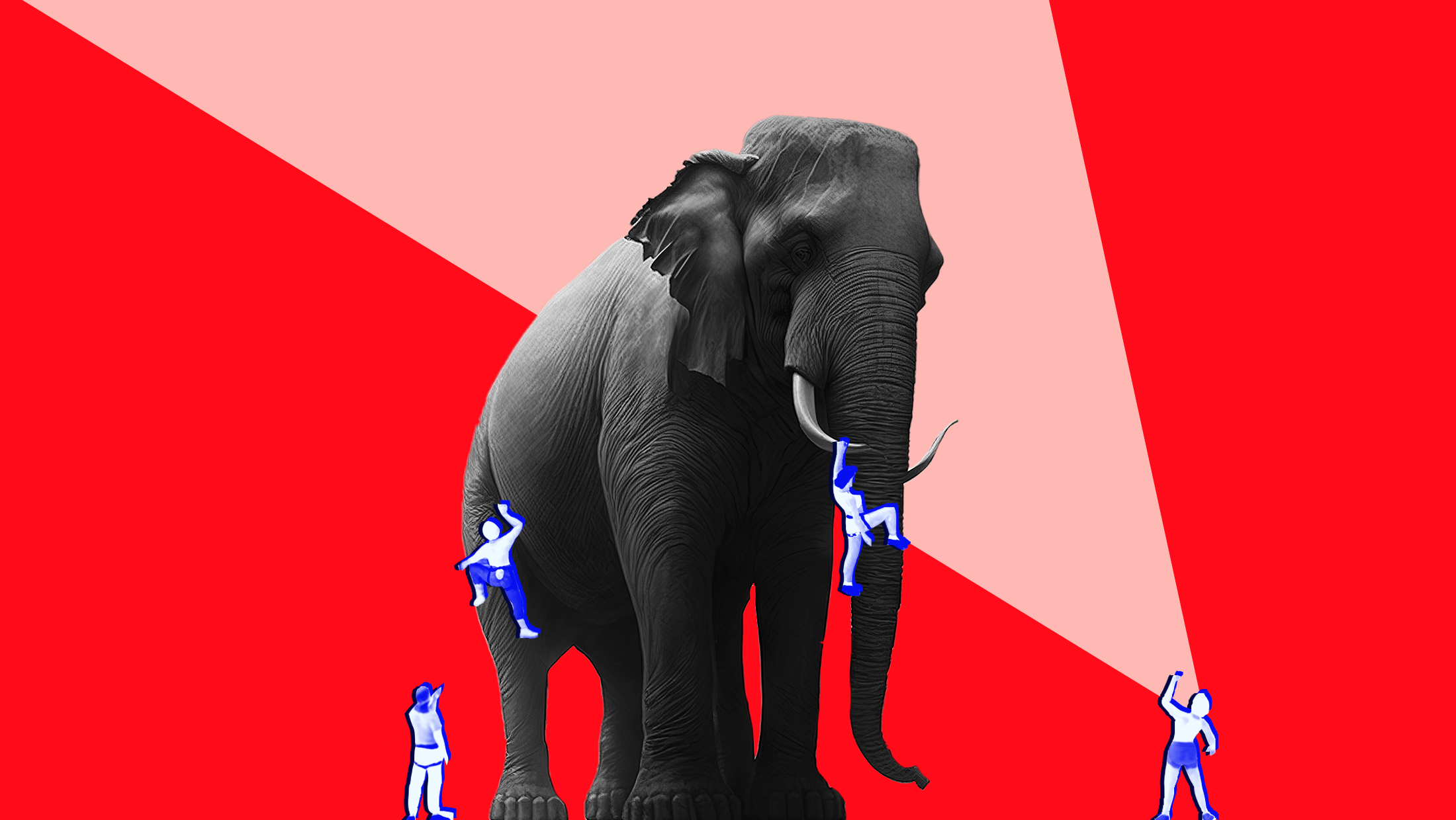 Red background with black and white toned image of an elephant and blue-toned people climbing on the elephant and one person with a lighter red toned spotlight coming out of its mouth.