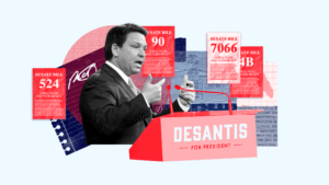 Ron DeSantis standing before a podium that says "DeSantis for President" surrounded by cut out images of his signature, bill text of mutiple bills mentioned in the article, and a map of Florida.
