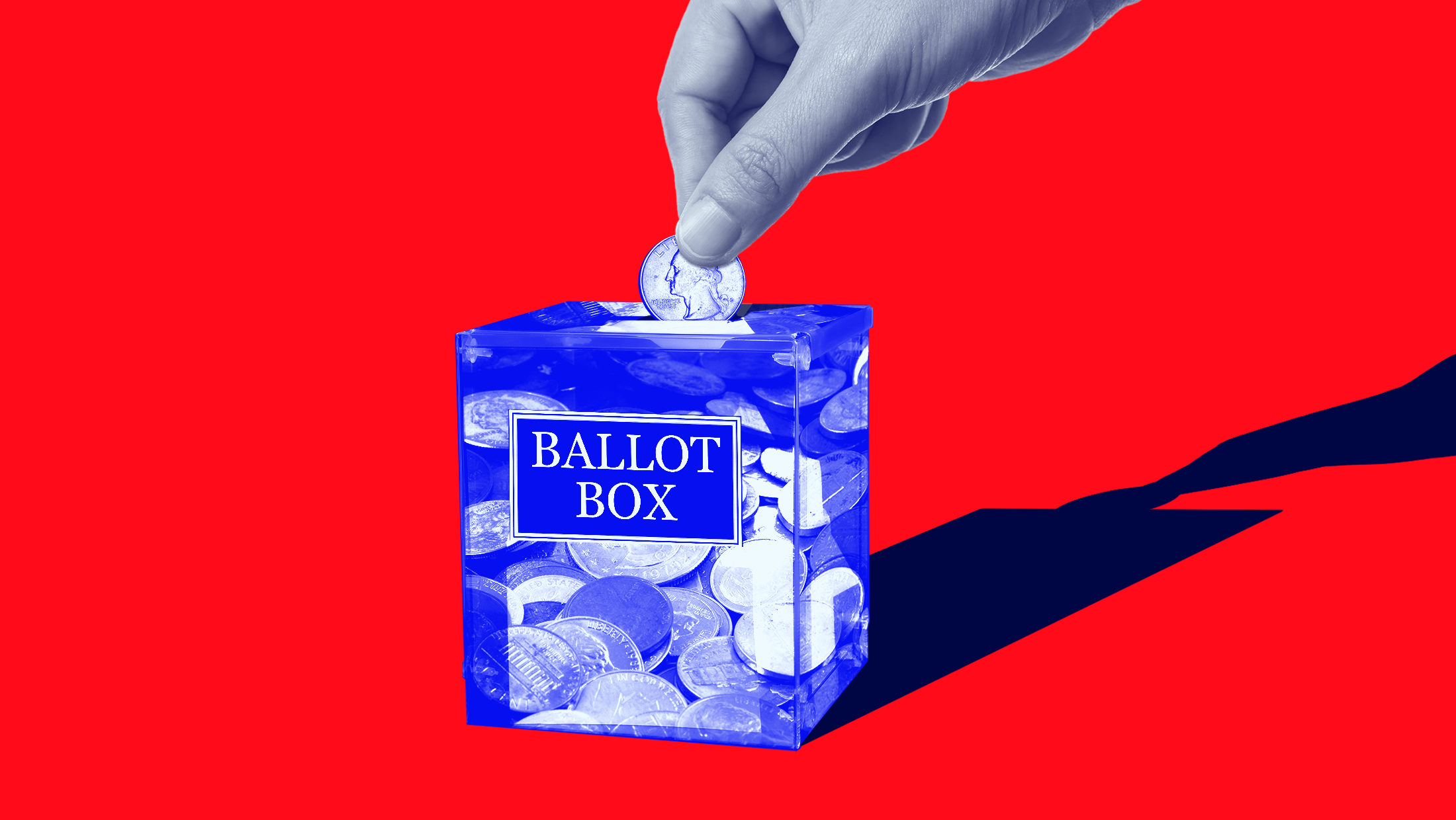 Red background with coin box that says "Ballot Box" on it and someone putting a coin into the box.